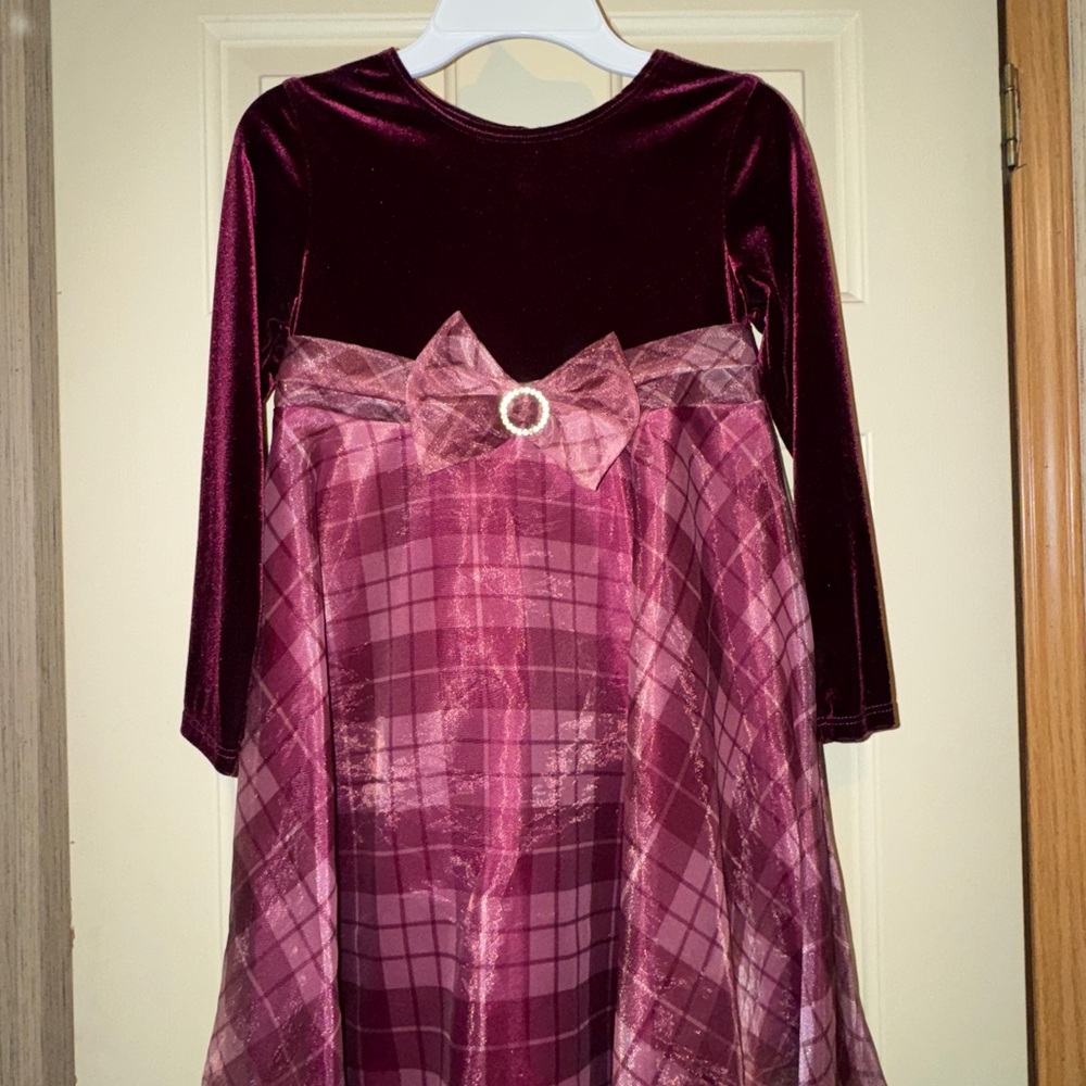 Bonnie Jean Burgundy Velvet Plaid Dress with Bow